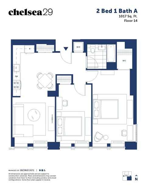 Floor plan for 2 beds, 1 bath, 1017 sqft